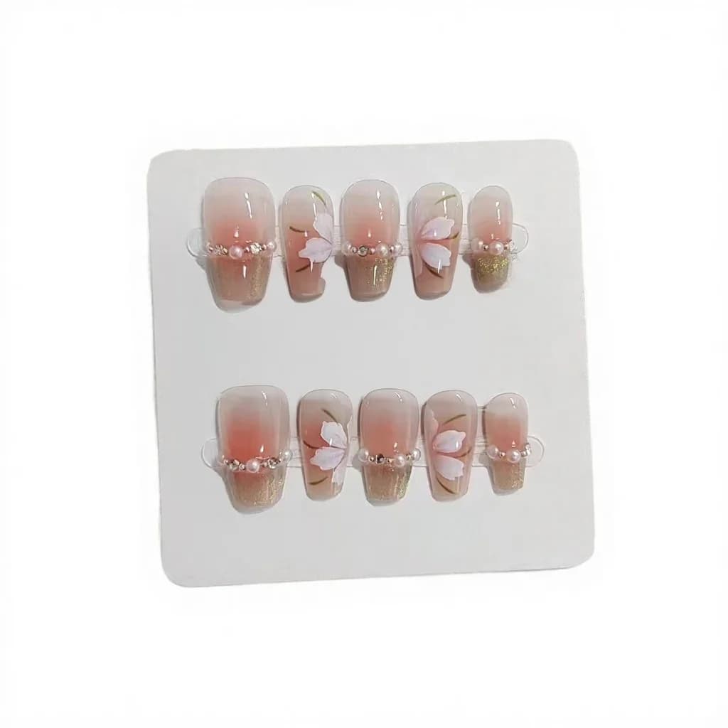 Groene Cat Eye Press-on Nails Korte Vierkante Franse Tip Bloemendesign