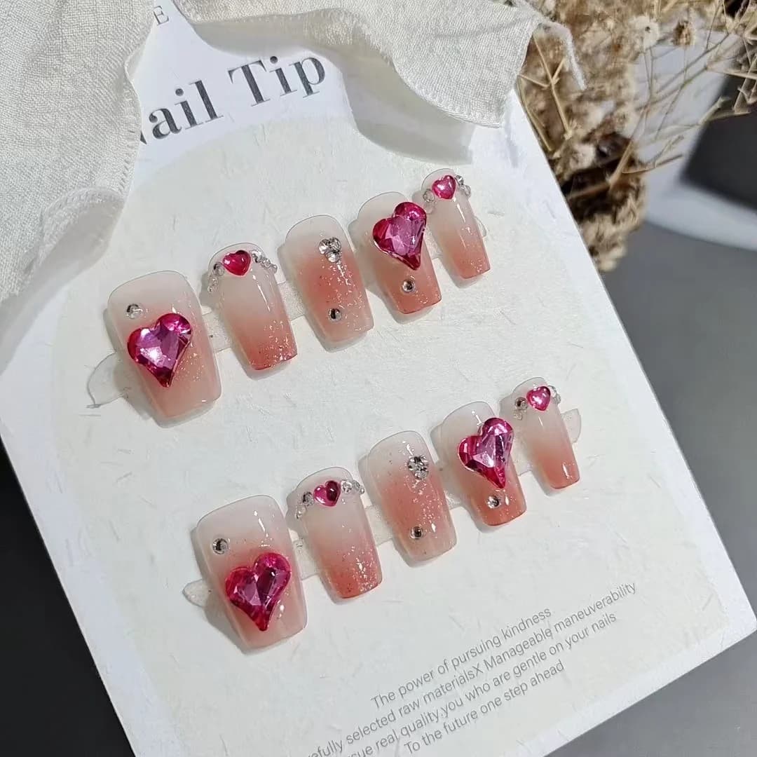 Roze Press-on Nails met Hartstrass, 30 Stuks