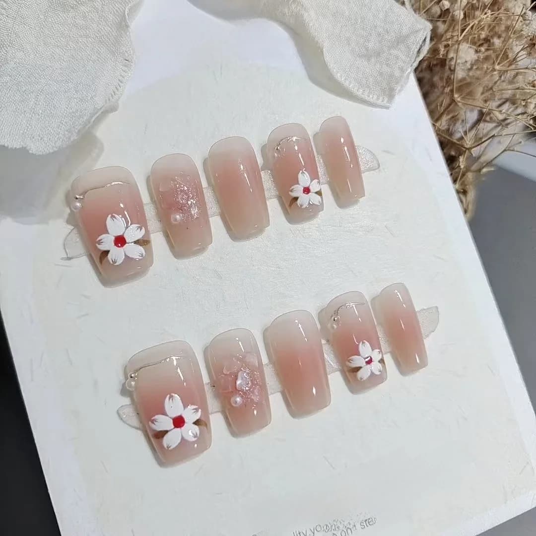 Korte Coffin Kunstnagels Bloemenprint Roze Magnolia