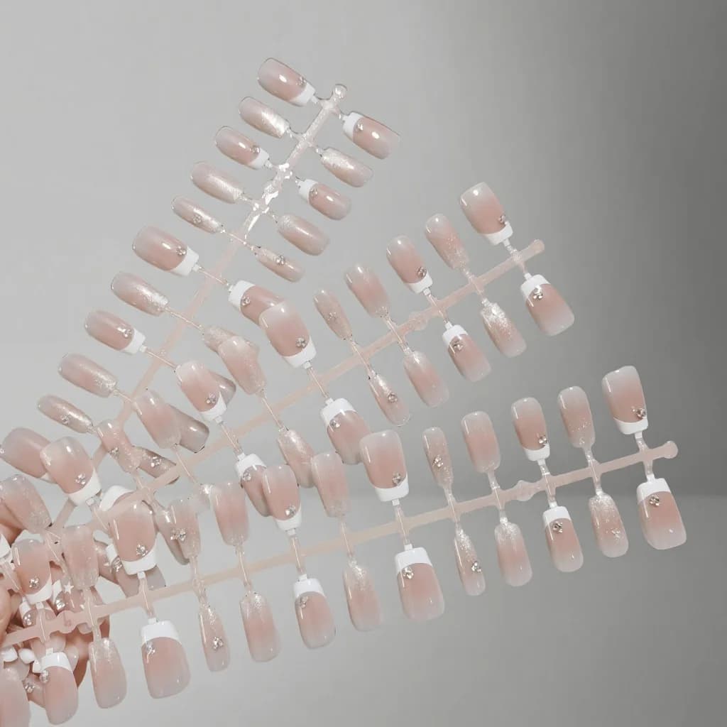 Press-on nails Franse punt met strass en strik, kort vierkant model