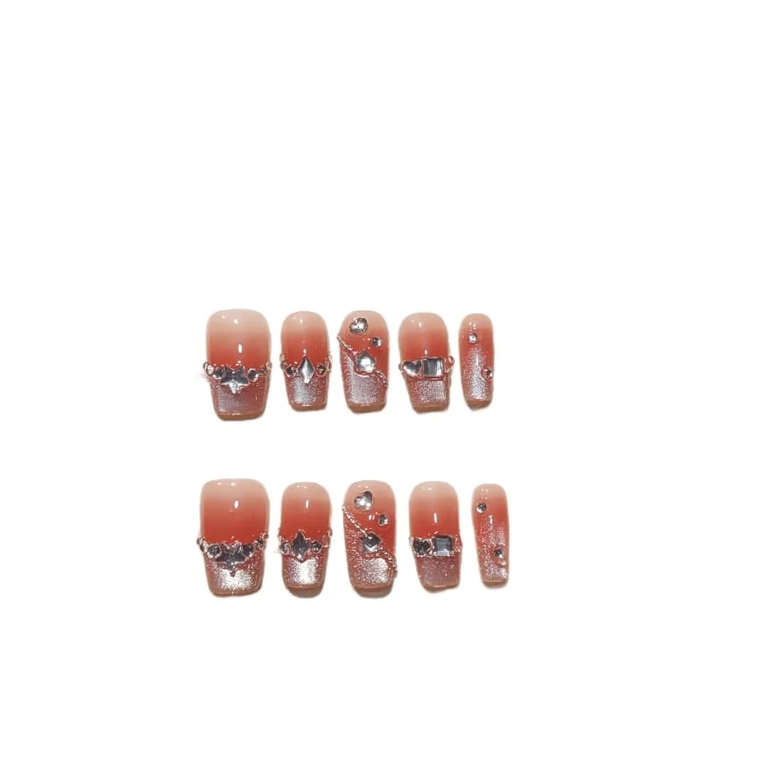 Kort Vierkant Press-On Nagels Cat Eye Blush French met Strass