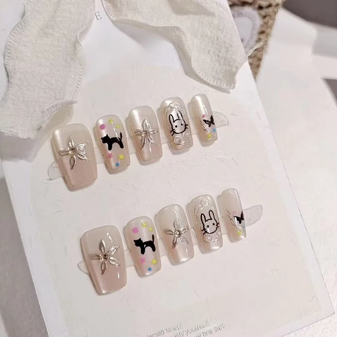Leuke Zwarte Kat en Konijn Press-on Nails, Korte Coffin Vorm