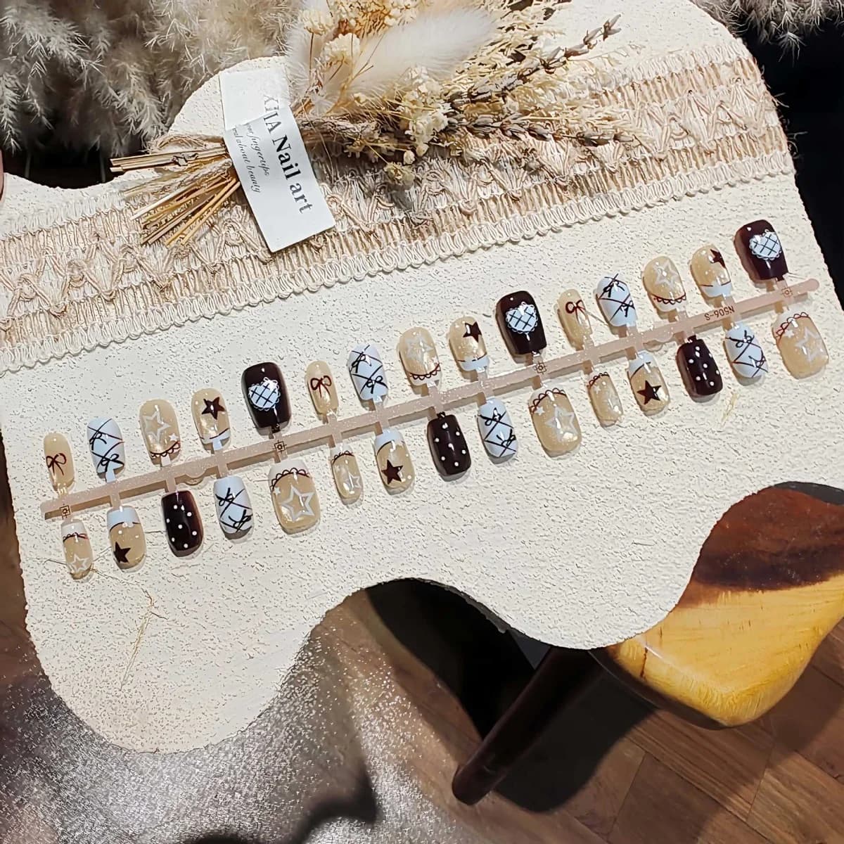 Fogblauwe Cat Eye Press-On Nails met Strik en Sterren
