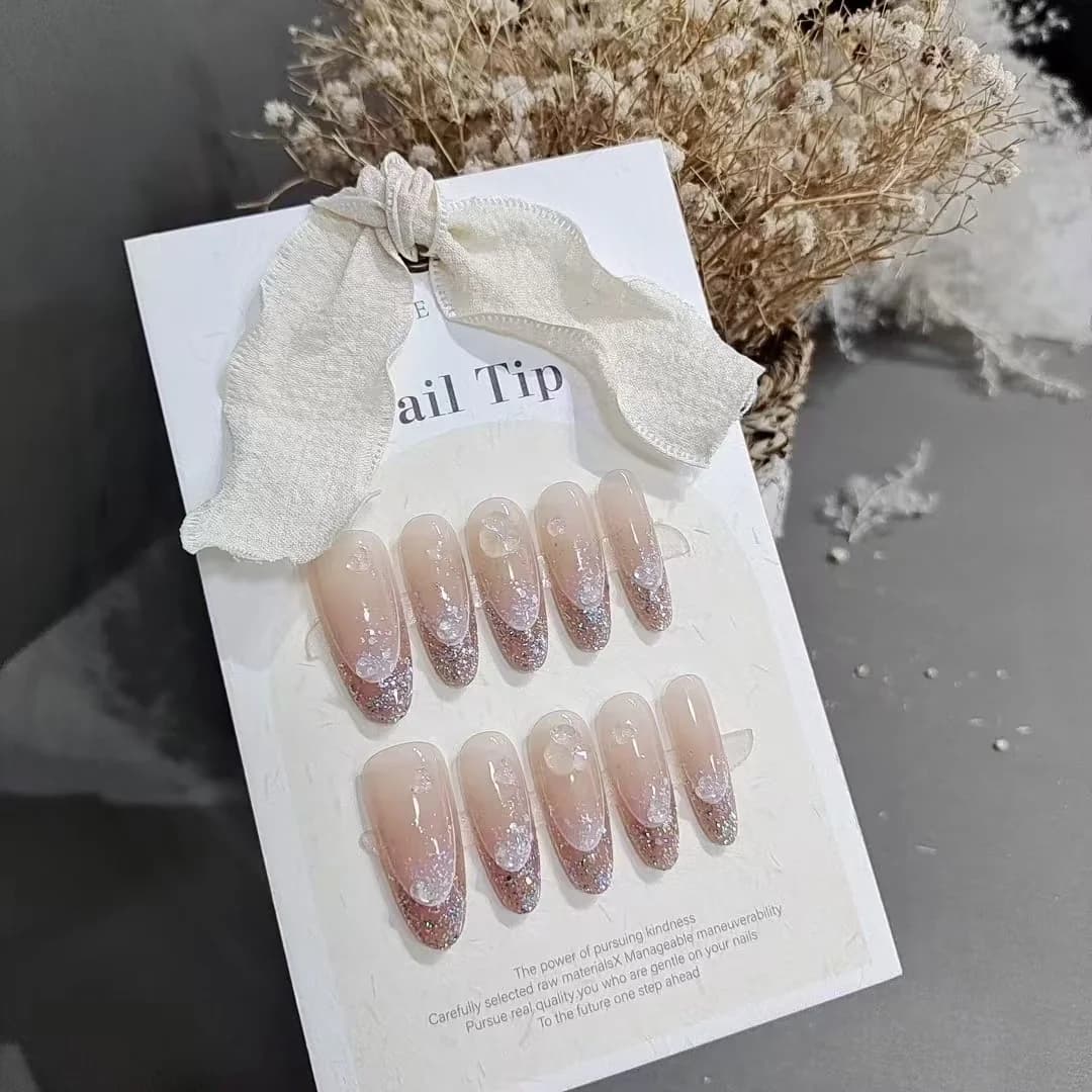 Glitter Halo Press-On Nails Lang Ovaal Vorm Herbruikbare Kunstnagels