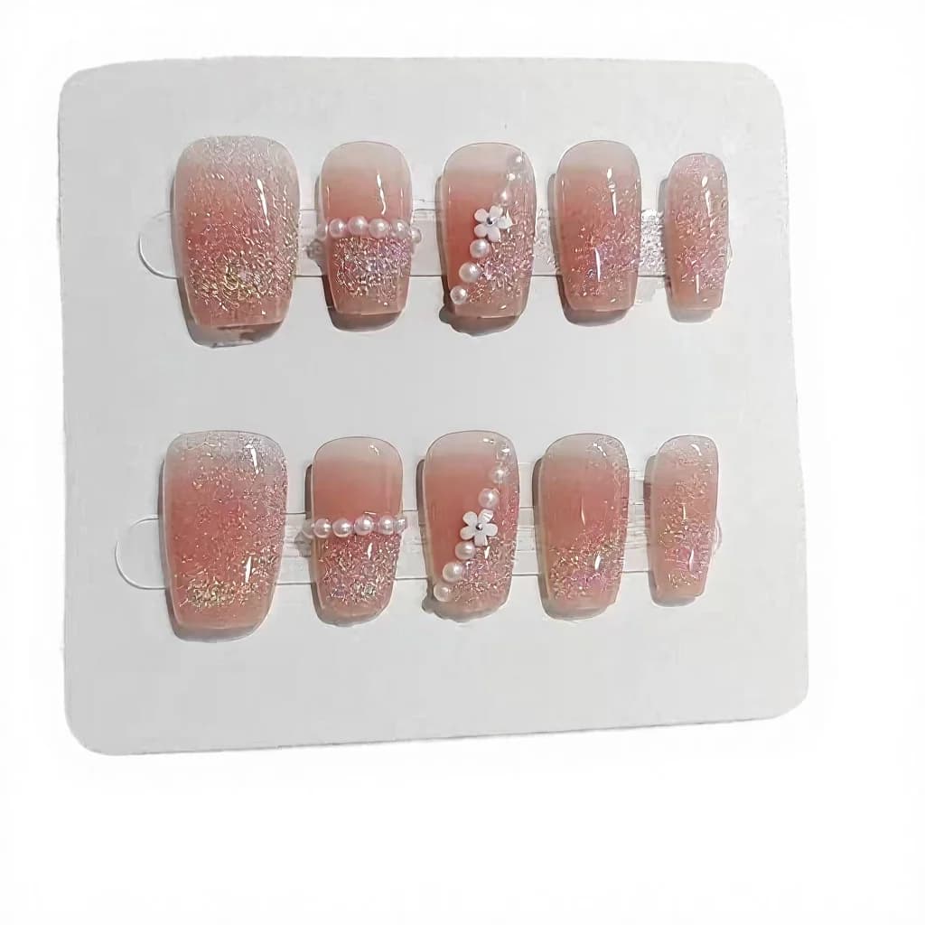 Korte trapeziumvormige press-on nagels met regenboogcirkels en parels, 10 stuks