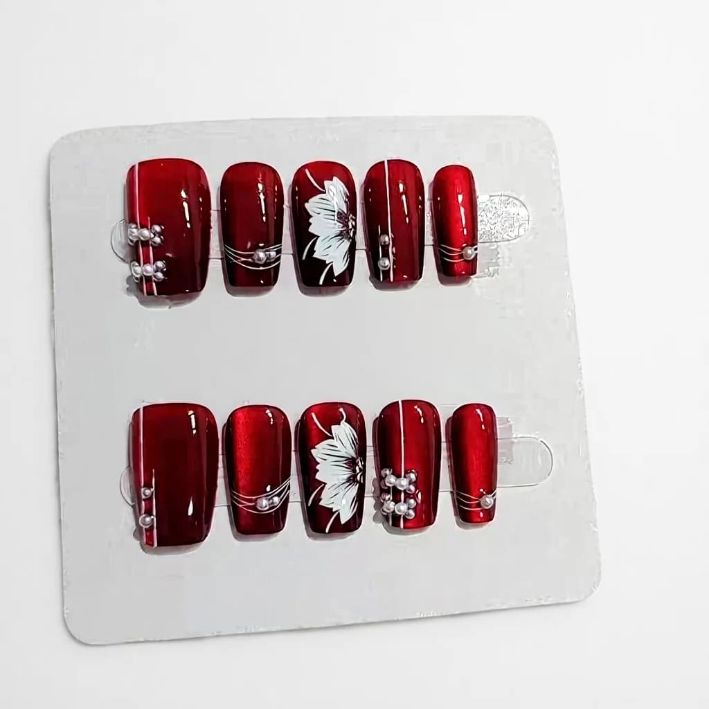 Rode Bloemen Press-On Nails Medium Kistvorm Glitter Finish 10 Stuks