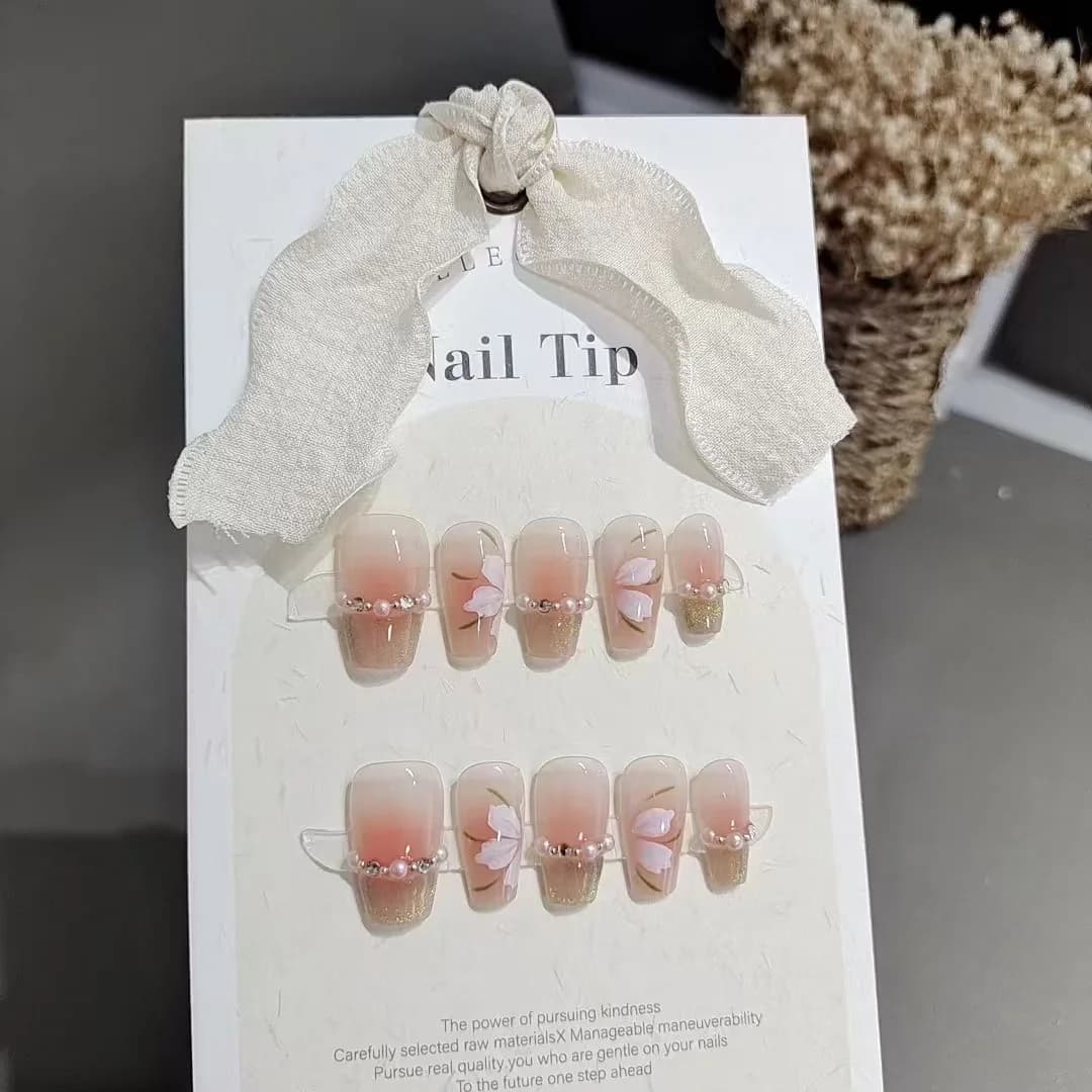 Groene Cat Eye Press-On Nails Kort Vierkant Frans Tip Bloemen