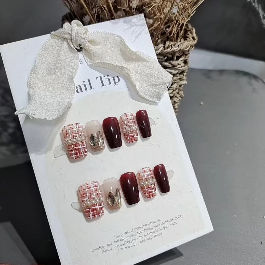 Tweed Textuur Press-on Nails Cat Eye Glitter Kort Vierkant