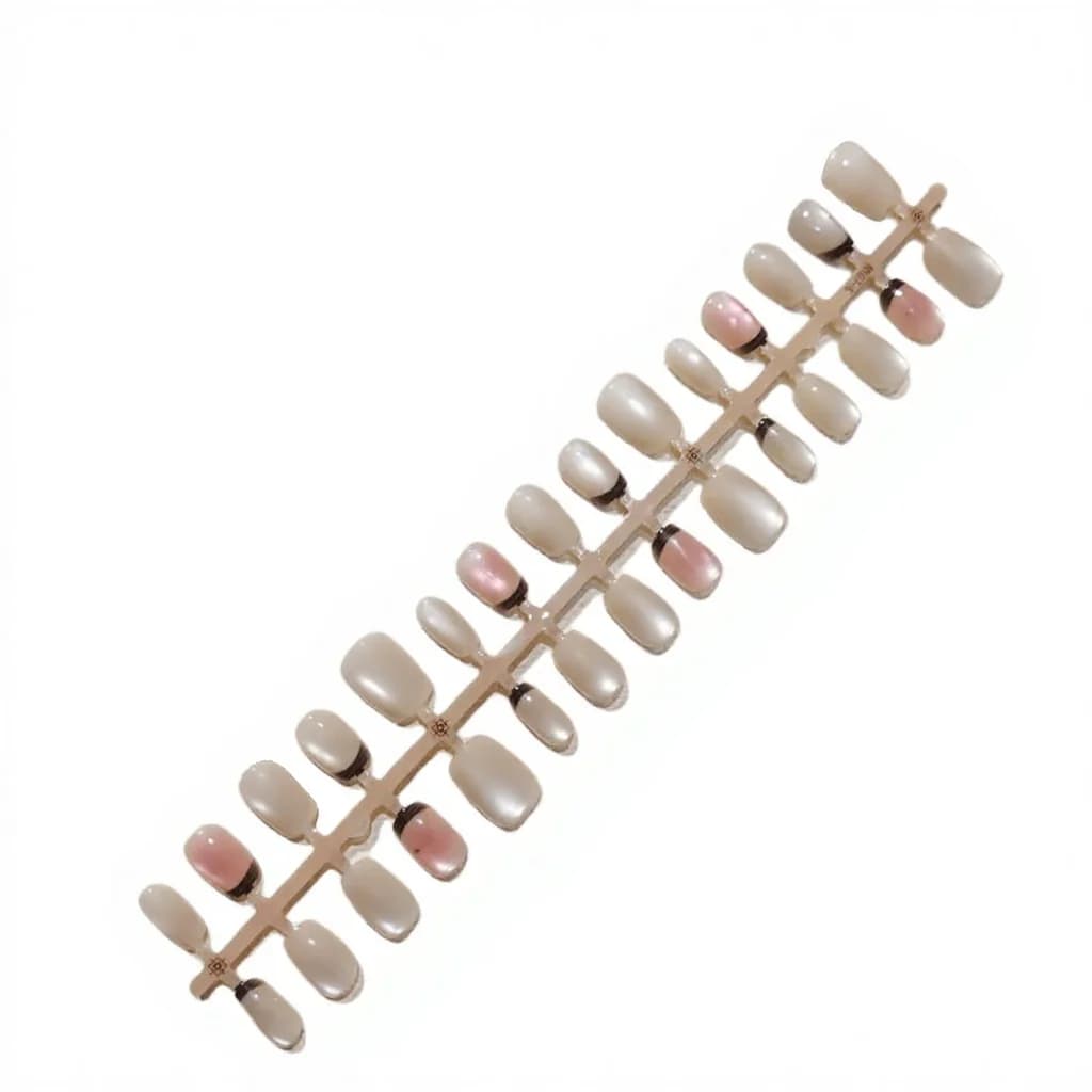 Cat Eye Press-On Nails met Franse Tip Zwarte Rand en Glaskralen
