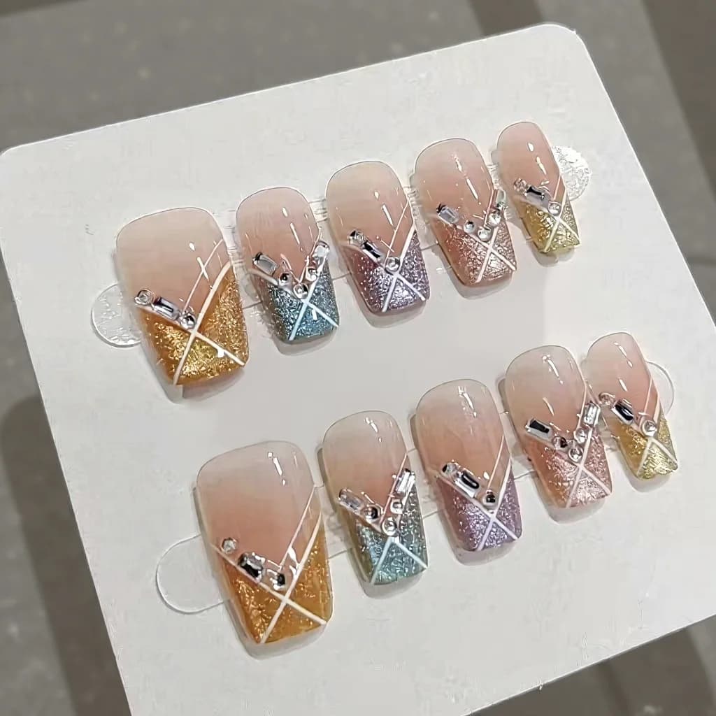 Candy Party Press-On Nails Kort Vierkant Regenboog Cat Eye Strass