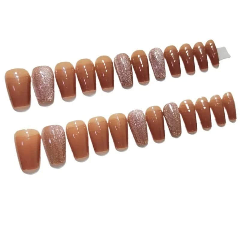 Bruine Cat Eye Press-On Nails Medium Kistvorm Herfst/Winter Stijl