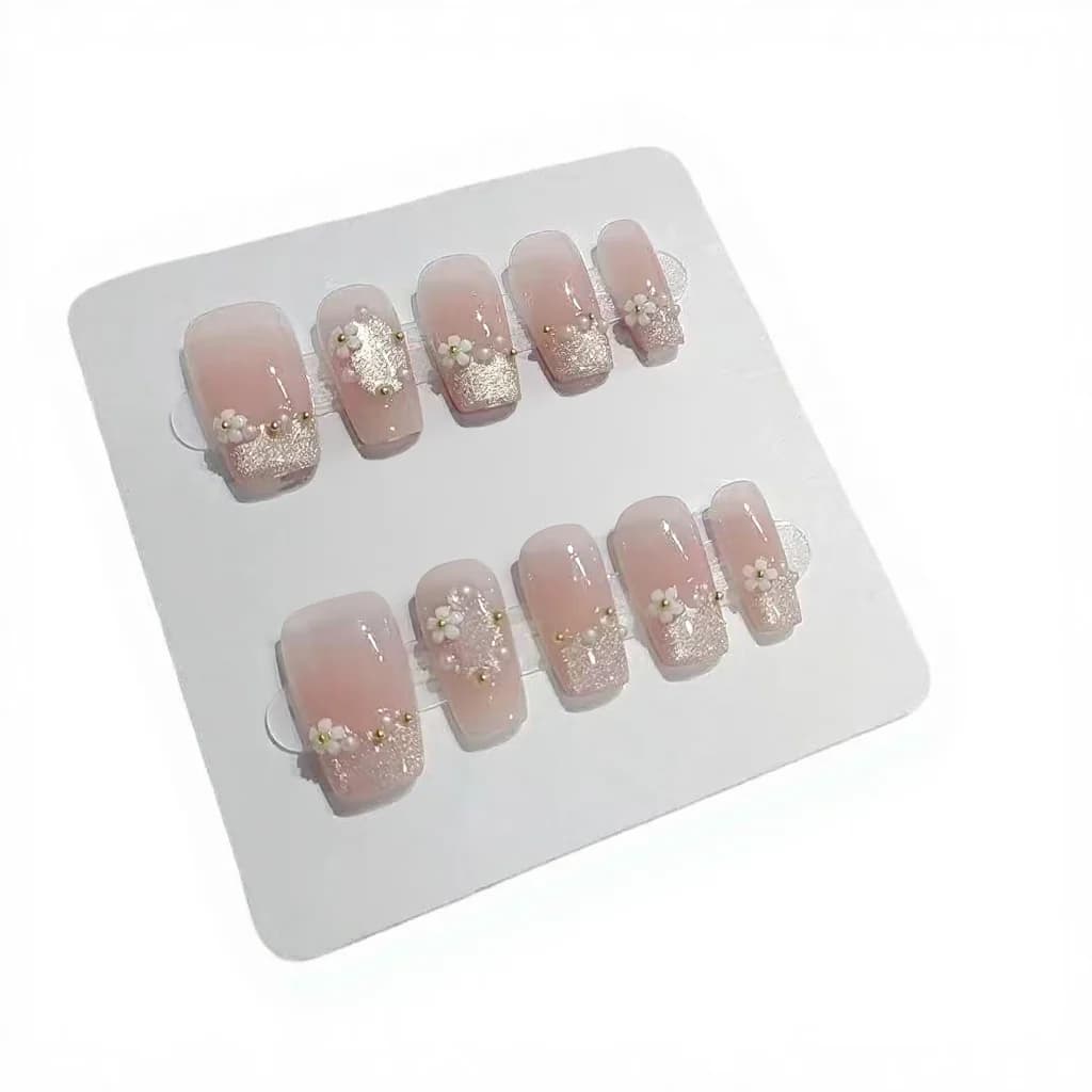 Press-on Nails Kort Kistvorm Bloemen Strass Design 10 Stuks
