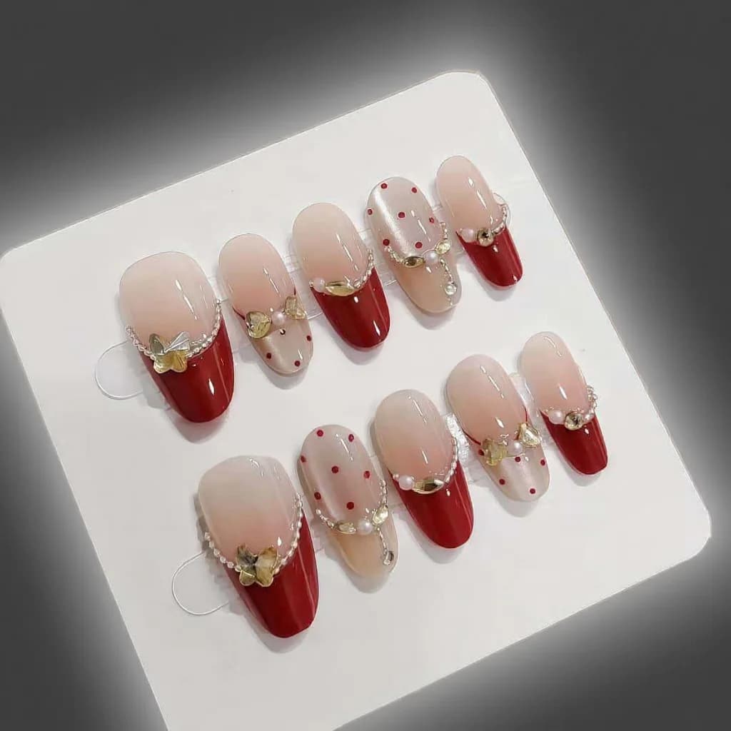 Rode Cat Eye Press-on Nails met Strass Medium Ovaal