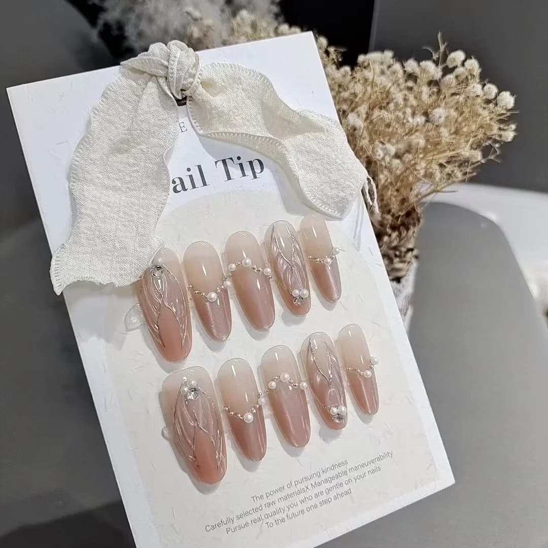 Zeemeermin Cat Eye Press-On Nails met Parels en Strass
