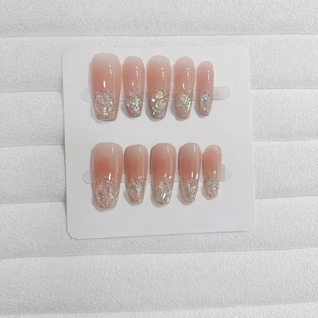 Press-On Nails Kort Medium Kistvorm Glitter Strass Blos Roze Set