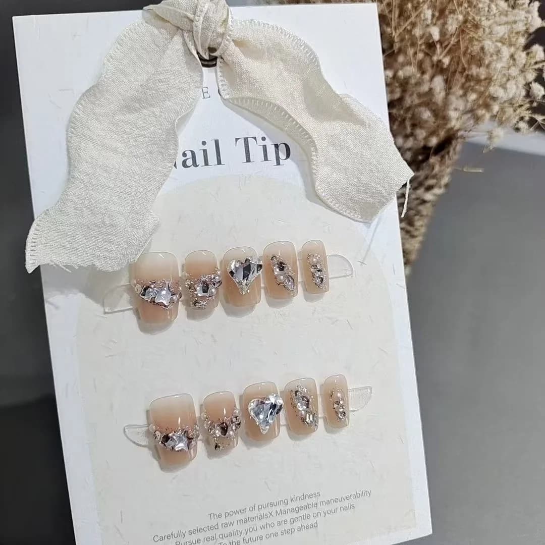 Press-On Nails met Hart- en Ster-Rhinestones, Kort Vierkant Model