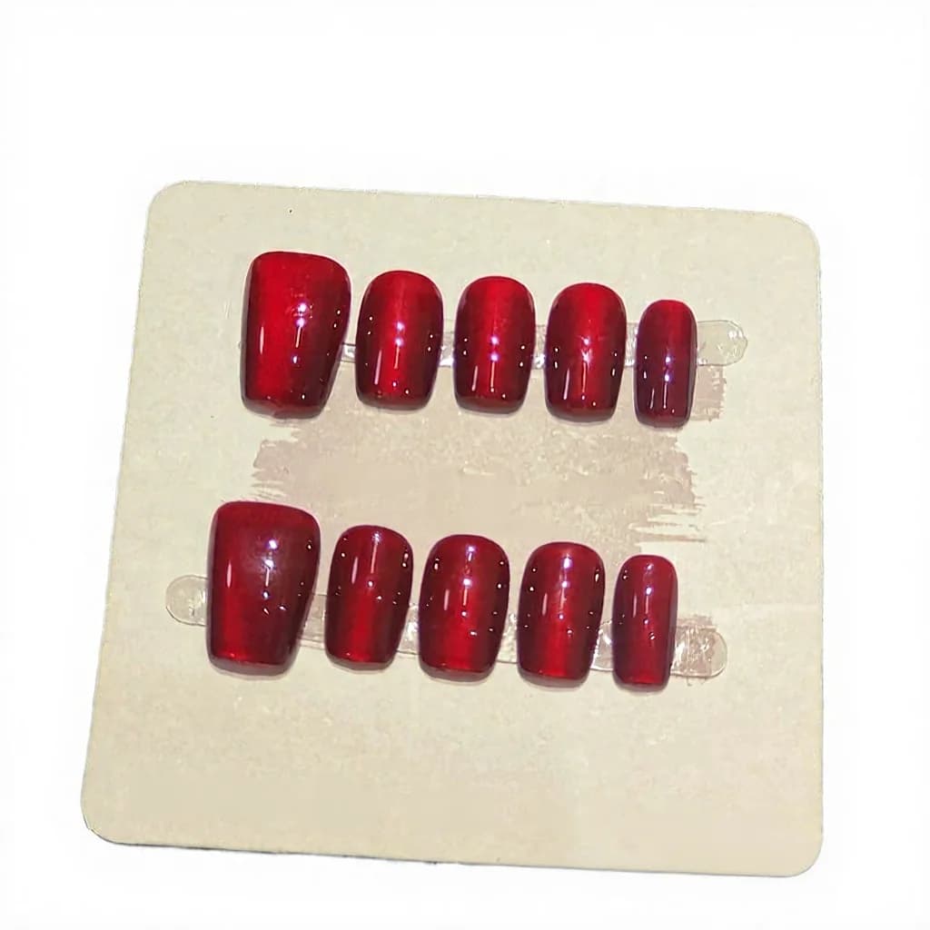 Rode Cat Eye Press-On Nails Kort Vierkant Glitter Manicureset
