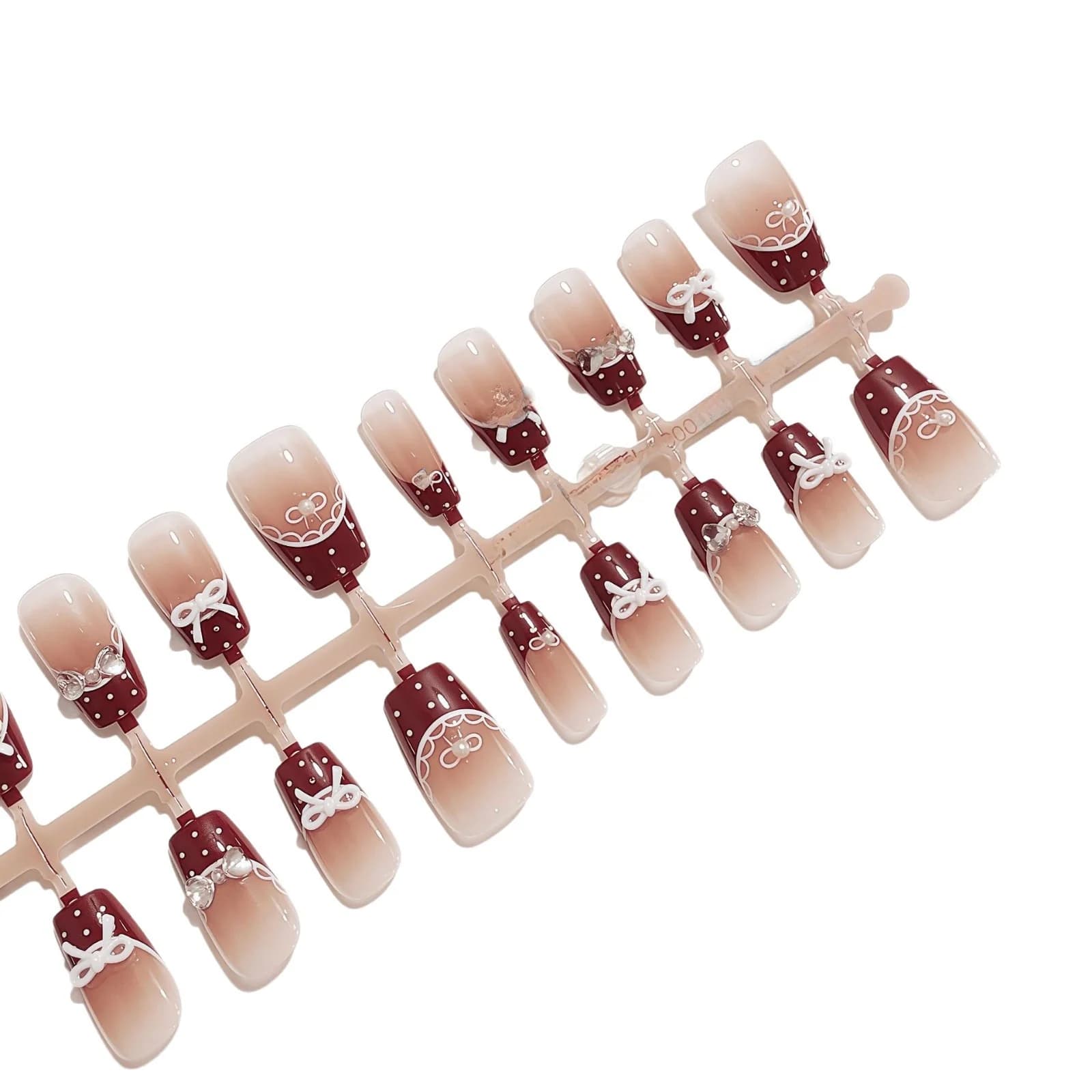 Ballet Rok Press-On Nails met Rode Strik, Polka Dot Korte Tips