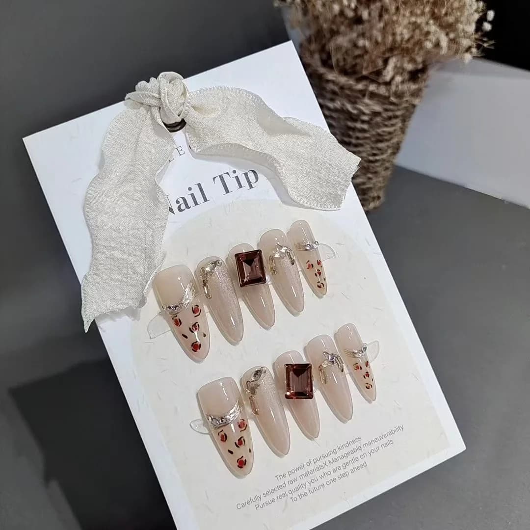 Luipaardprint Press-on Nails met Strass, Lange Stiletto Vorm
