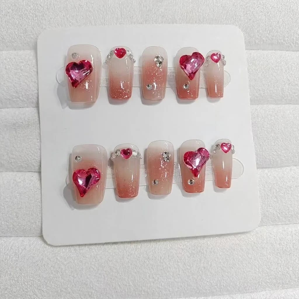 Roze Press-on Nails met Hartstrass, 30 Stuks