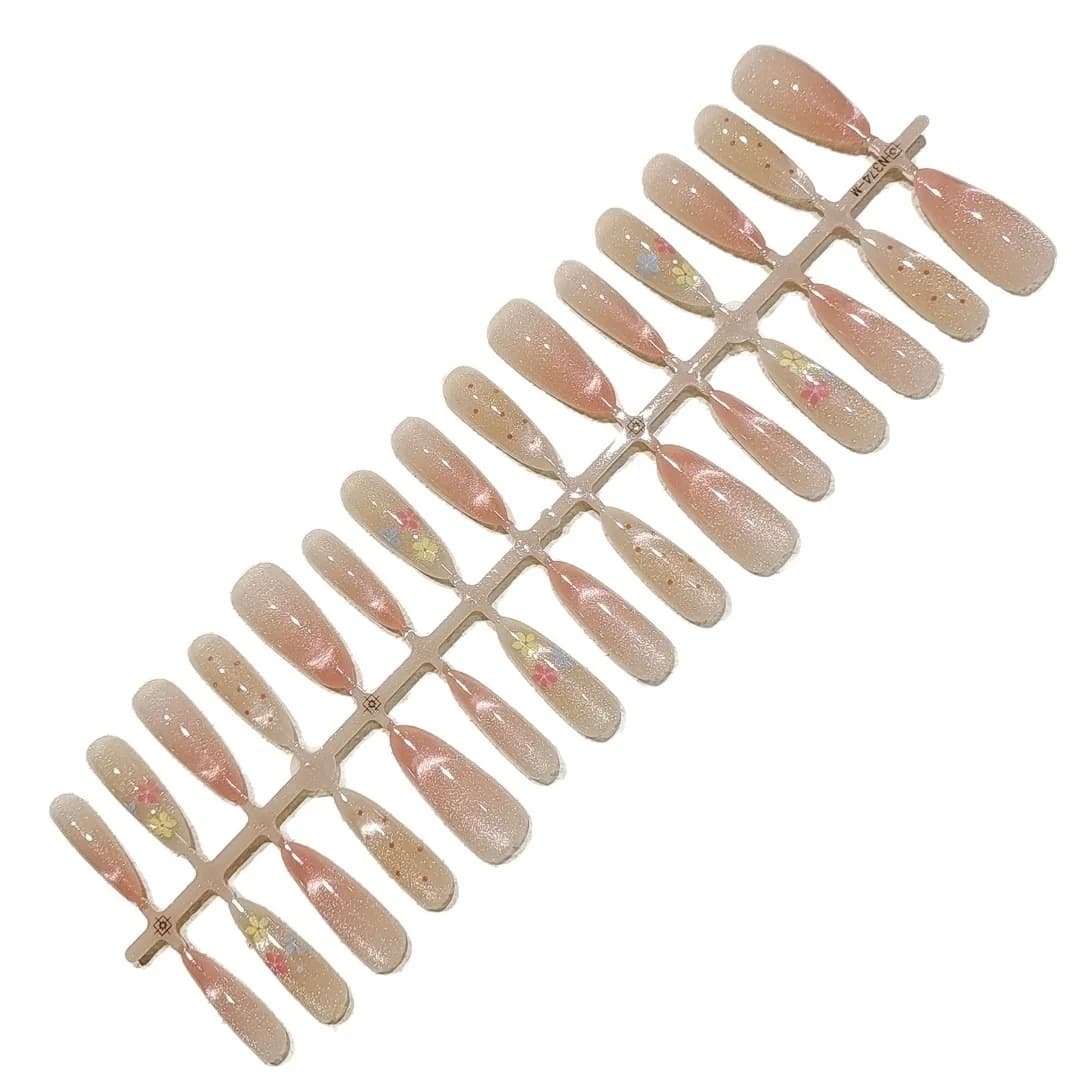 Perzik Bloemen Cat Eye Press-on Nails Lange Amandelvorm