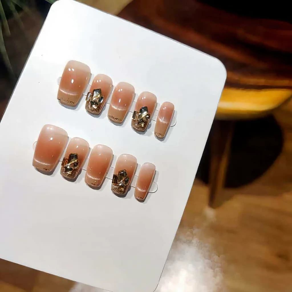 Press-on Nails Cat Eye Blush Strass Kort Kistvormig 30 Stuks
