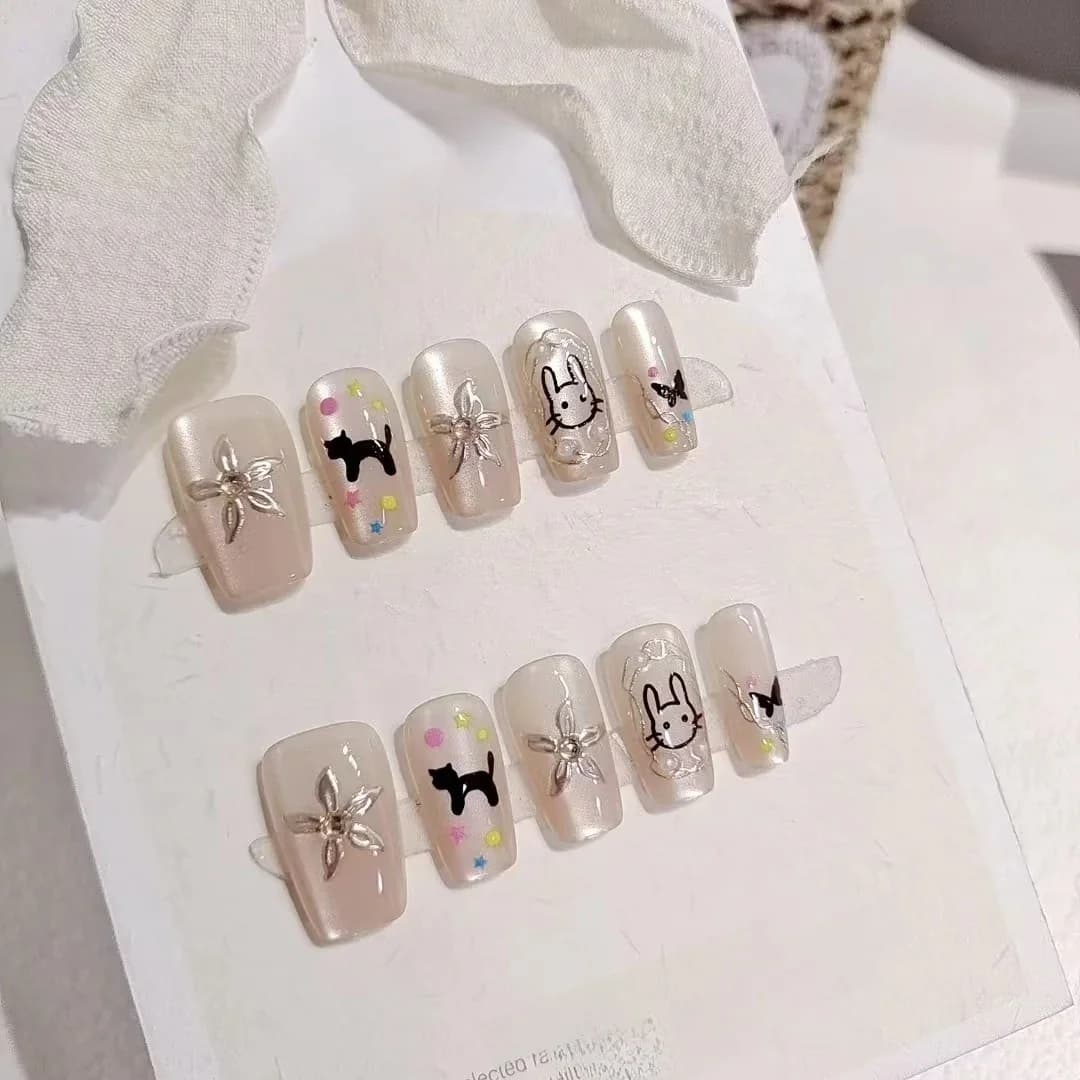 Leuke Zwarte Kat en Konijn Press-On Nails, Korte Coffin Vorm
