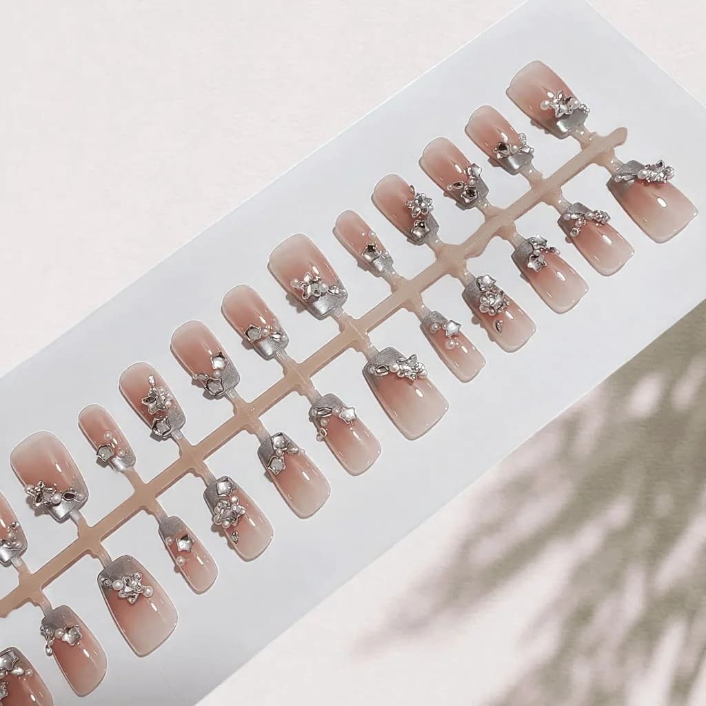 Blauwe Roos French Tip Nepnagels met Parels en Strass
