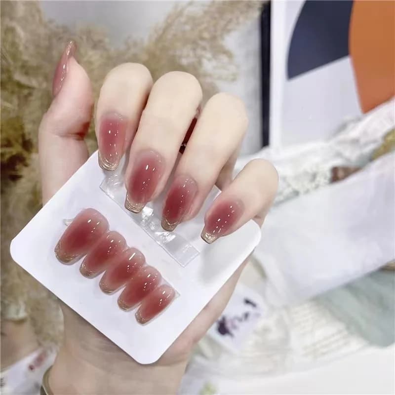 Sunset Blush Lange Coquin Press-on Nagels met Moonlight Chrome Finish