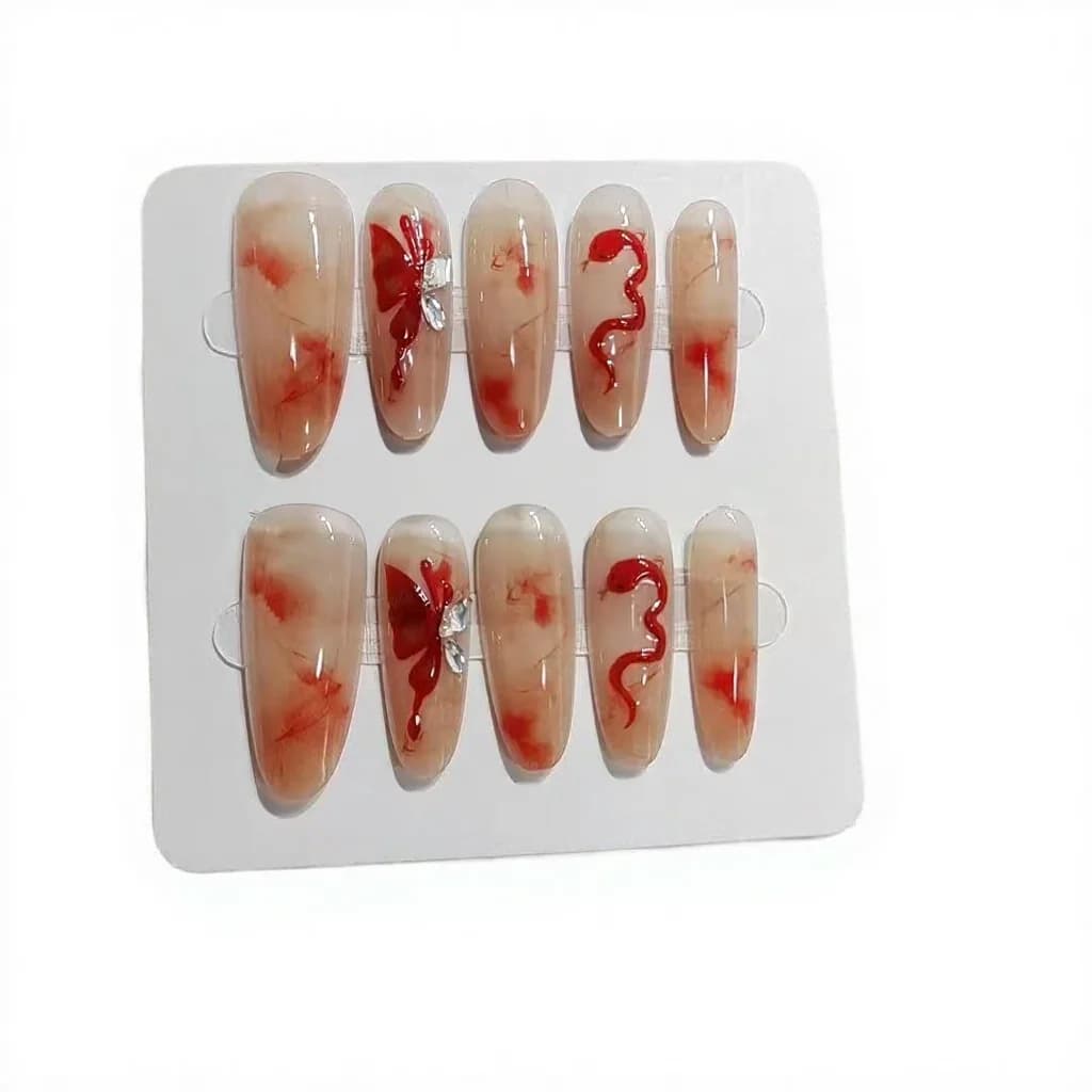 Handgemaakte Press-on Nails Vlinder en Slang Design Lang Amandelvorm