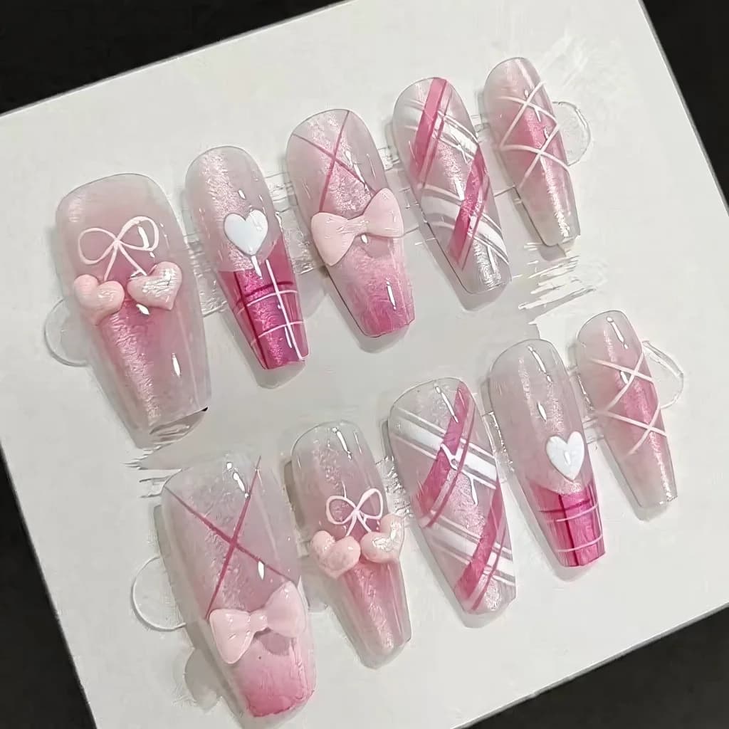 Zoet Roze Press-On Nails met Strikjes en Hartjes, 30 Stuks