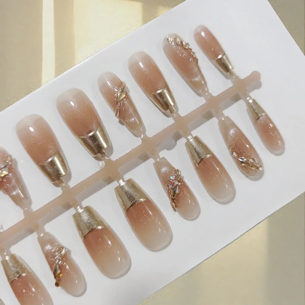 French Tip Press-On Nails met Gouden Rand en Glitter, 30 Stuks