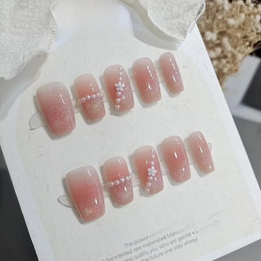 Korte Trapezium Press-On Nagels met Regenboog Cirkels en Parels, 10 Stuks