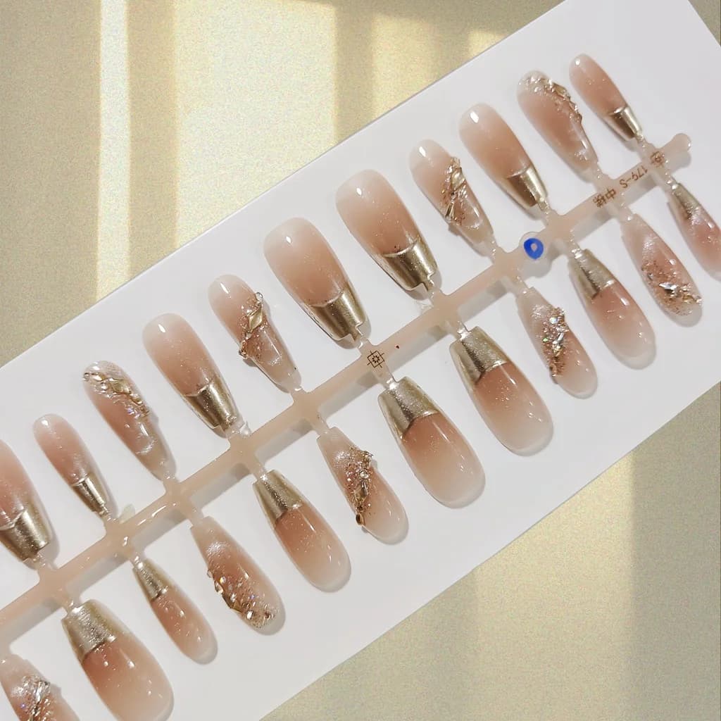 French Tip Press-On Nails met Gouden Rand en Glitter, 30 Stuks