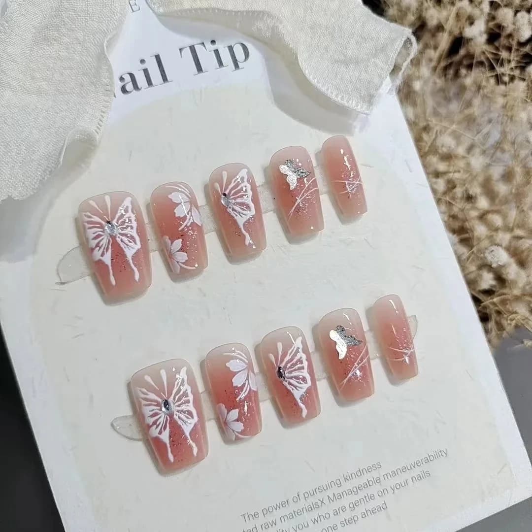 Korte Vierkante Press-On Nails met Vlinder French Tip en Glitter