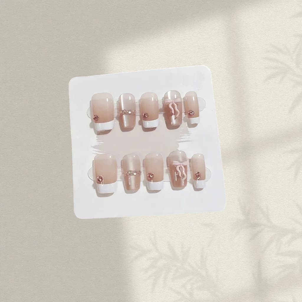 Press-on Nails Roze Strik Korte Coffin French Tip Manicure Set