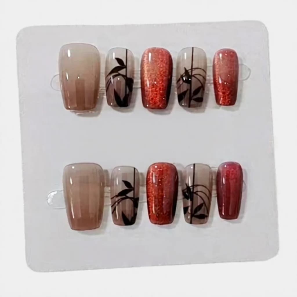 Rode Bamboe Cat Eye Press-on Nails Kort Vierkant Glitter