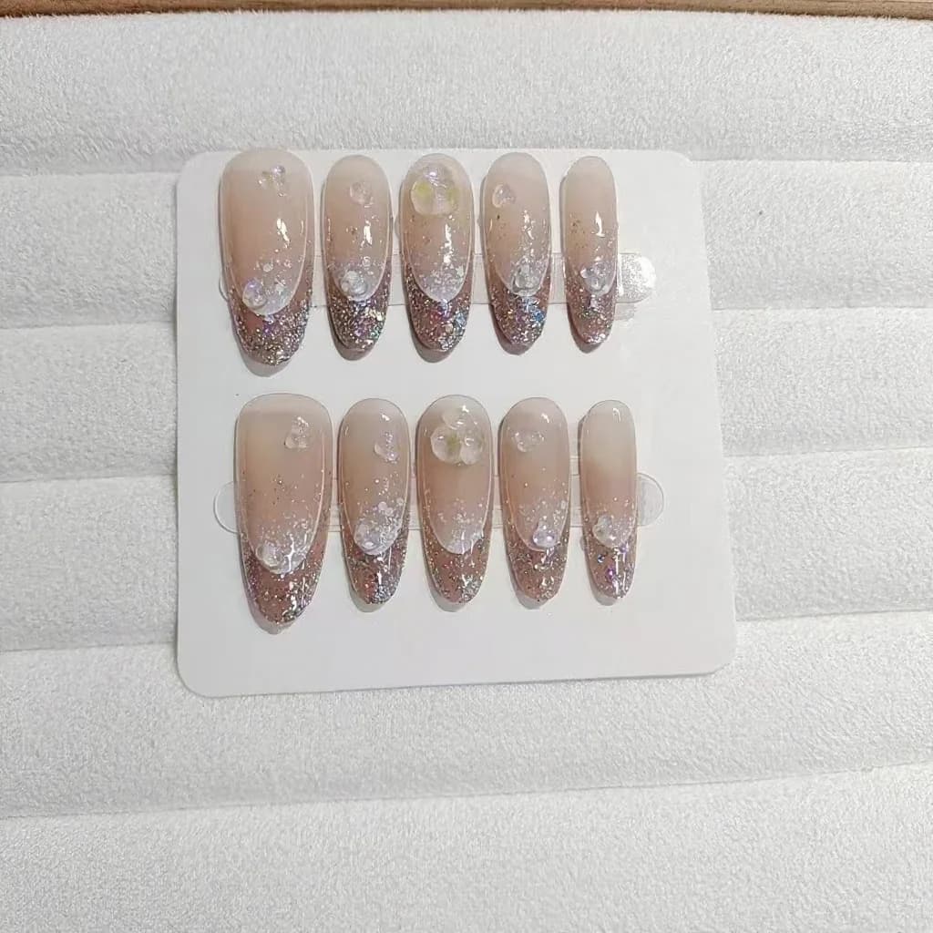 Glitter Halo Press-On Nails Lang Ovaal Vorm Herbruikbare Kunstnagels