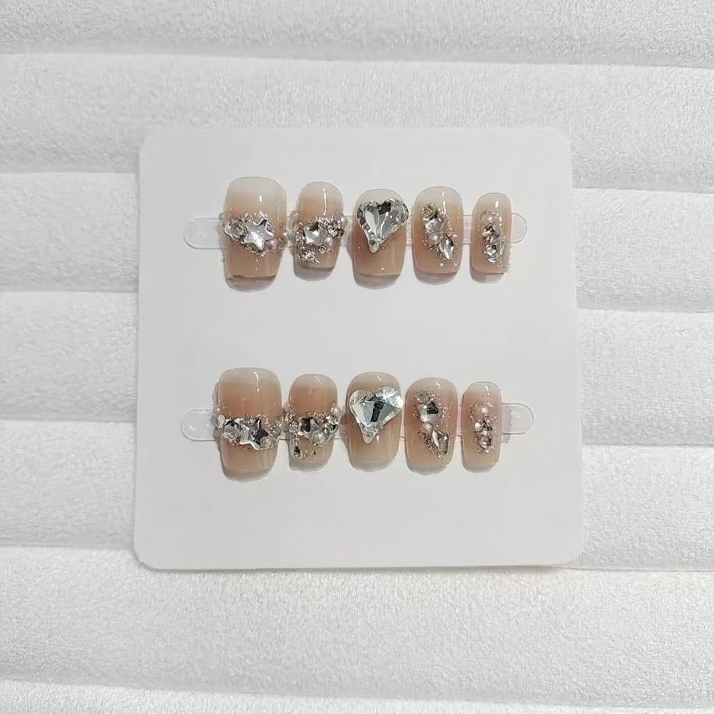 Press-On Nails met Hart- en Ster-Rhinestones, Kort Vierkant Model