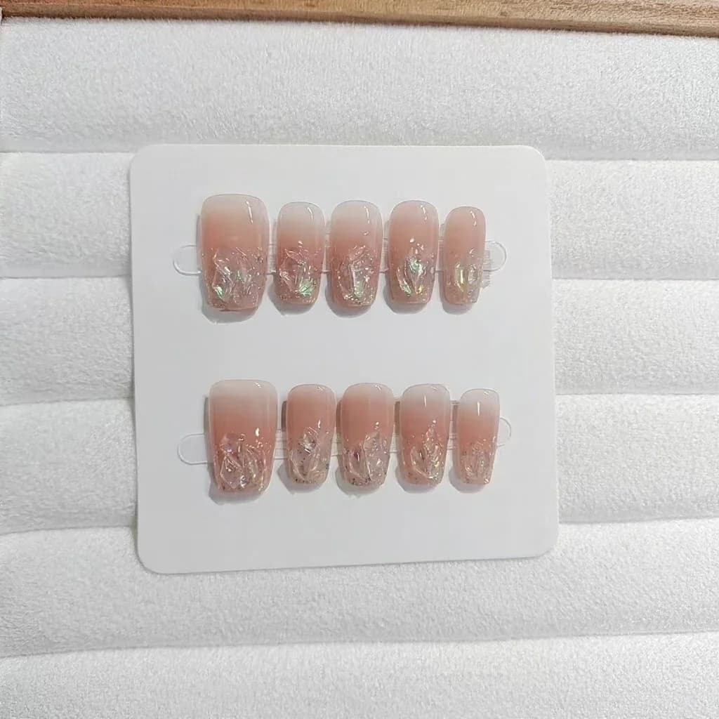 Press-On Nails Kort Medium Kistvorm Glitter Strass Blos Roze Set