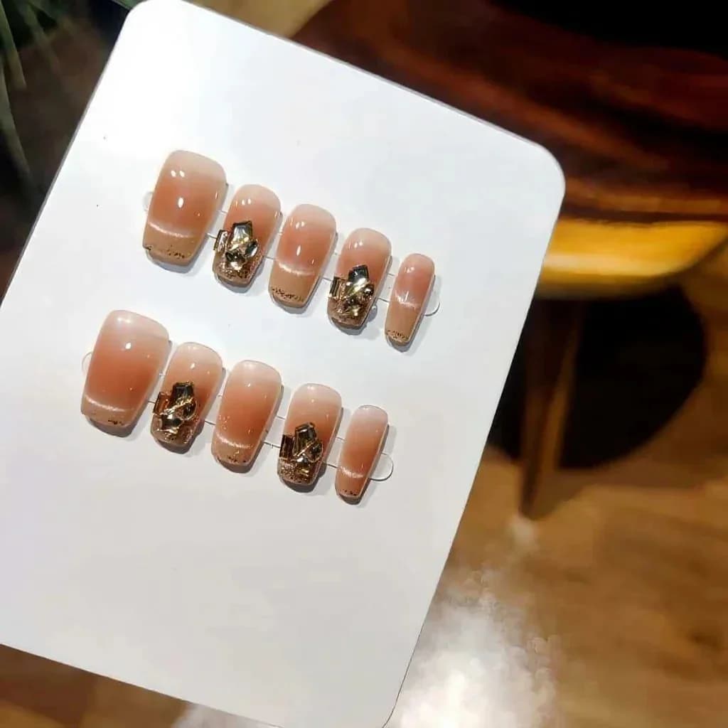 Press-on Nails Cat Eye Blush Strass Kort Kistvormig 30 Stuks