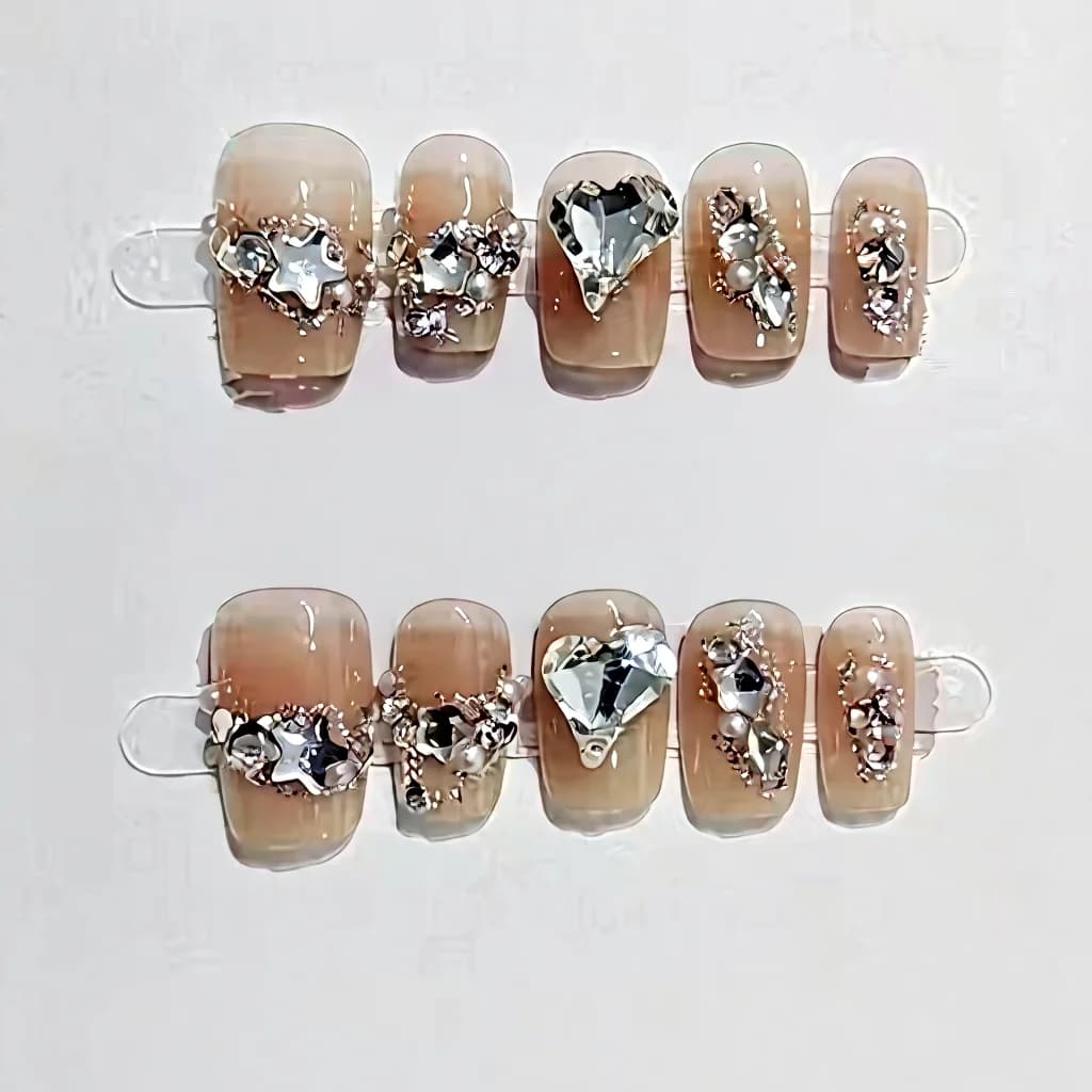 Press-On Nails met Hart- en Ster-Rhinestones, Kort Vierkant Model