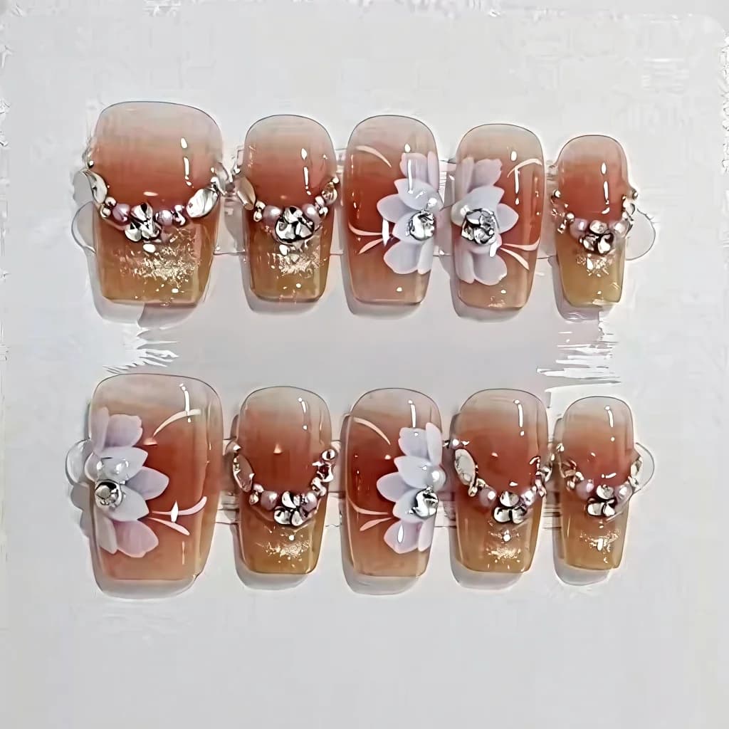Floral cat eye press-on nails met sterrendesign