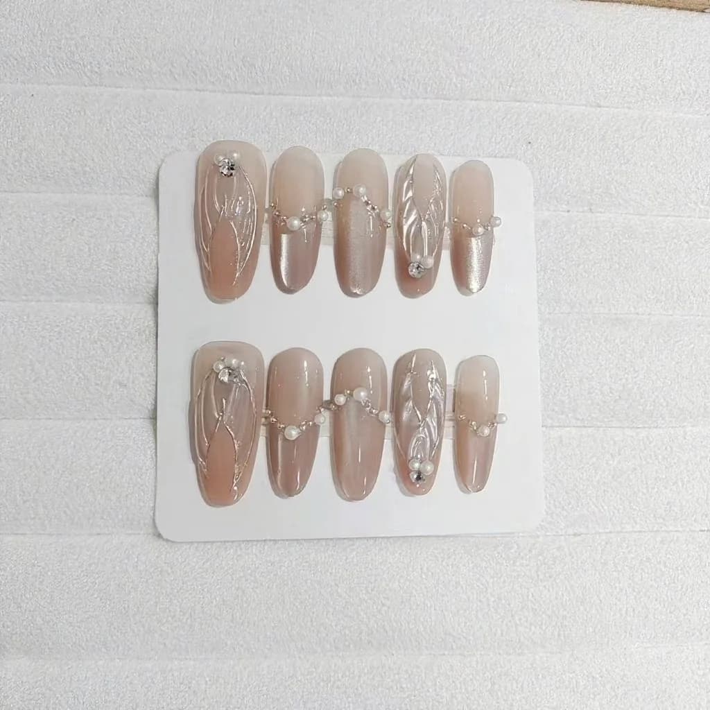 Zeemeermin Cat Eye Press-On Nails met Parels en Strass