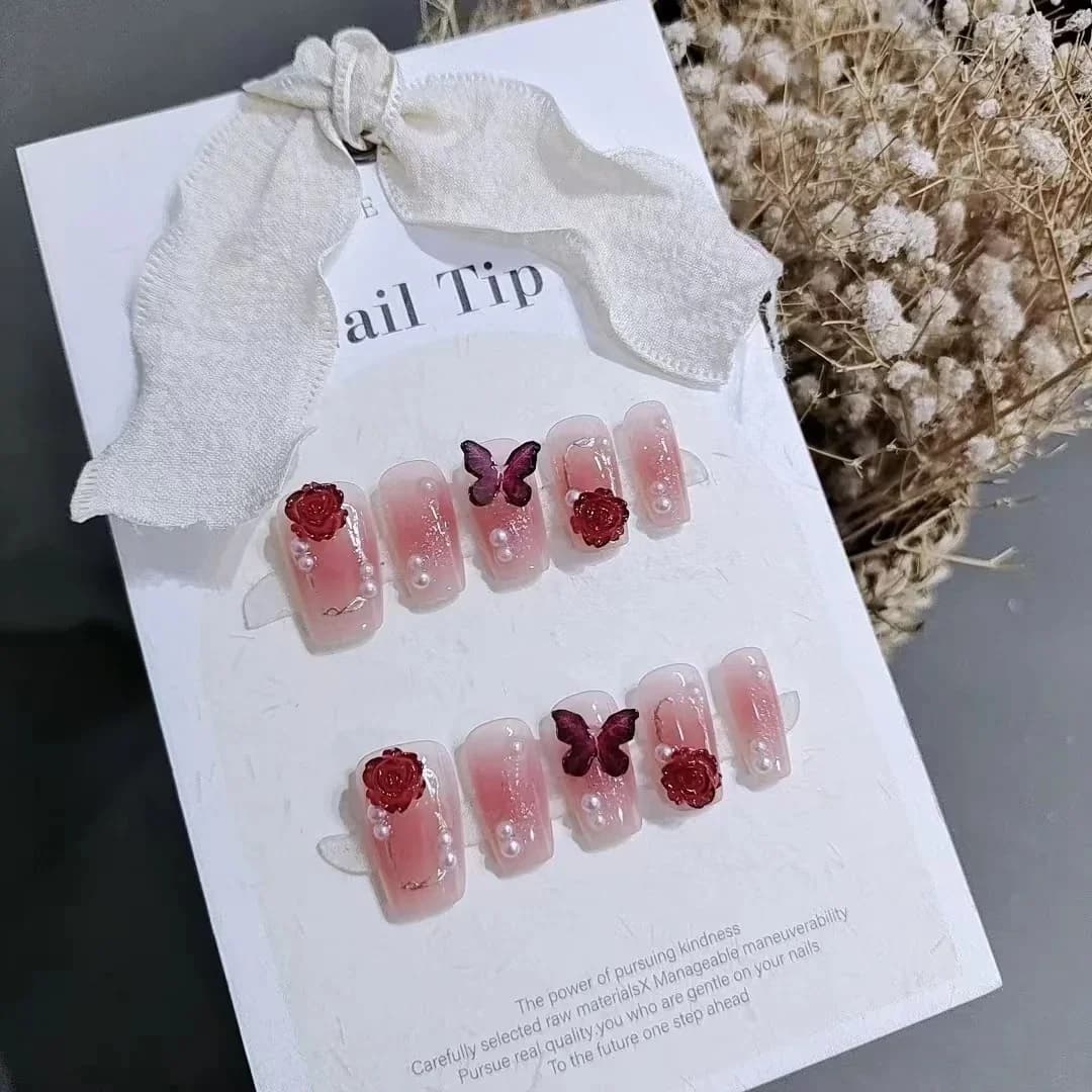 Nageltips Kort Kistvorm Pruim Bloesem Verloop Bloemen 10 stuks
