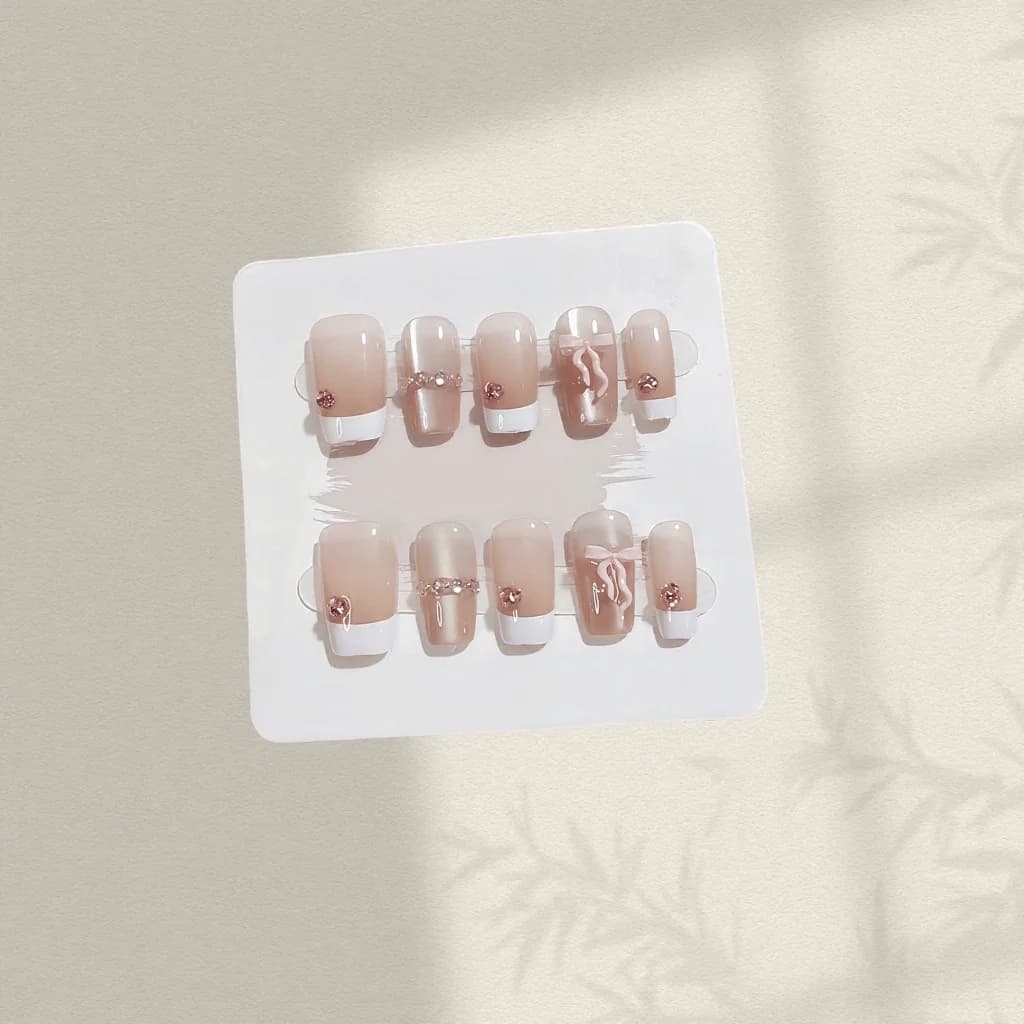 Press-on Nails Roze Strik Korte Coffin French Tip Manicure Set