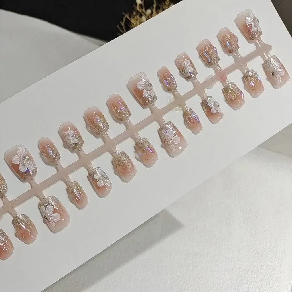 Press-on Nails met Parels en Strass, Kort Vierkant Bloemen Design