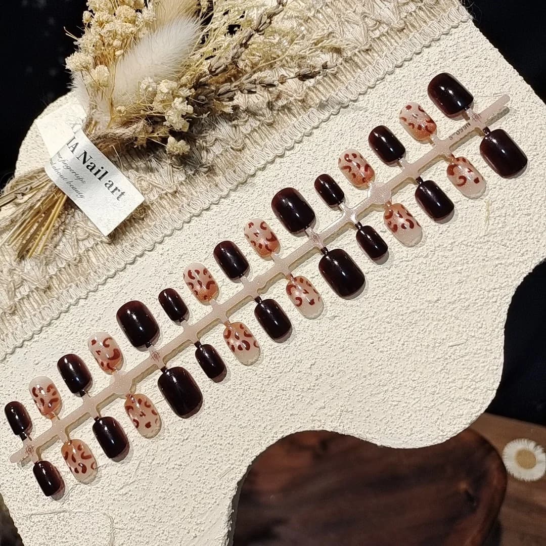 Kastanjebruin Luipaard Cat Eye Press-On Nails Kort Vierkant Herfstbruin