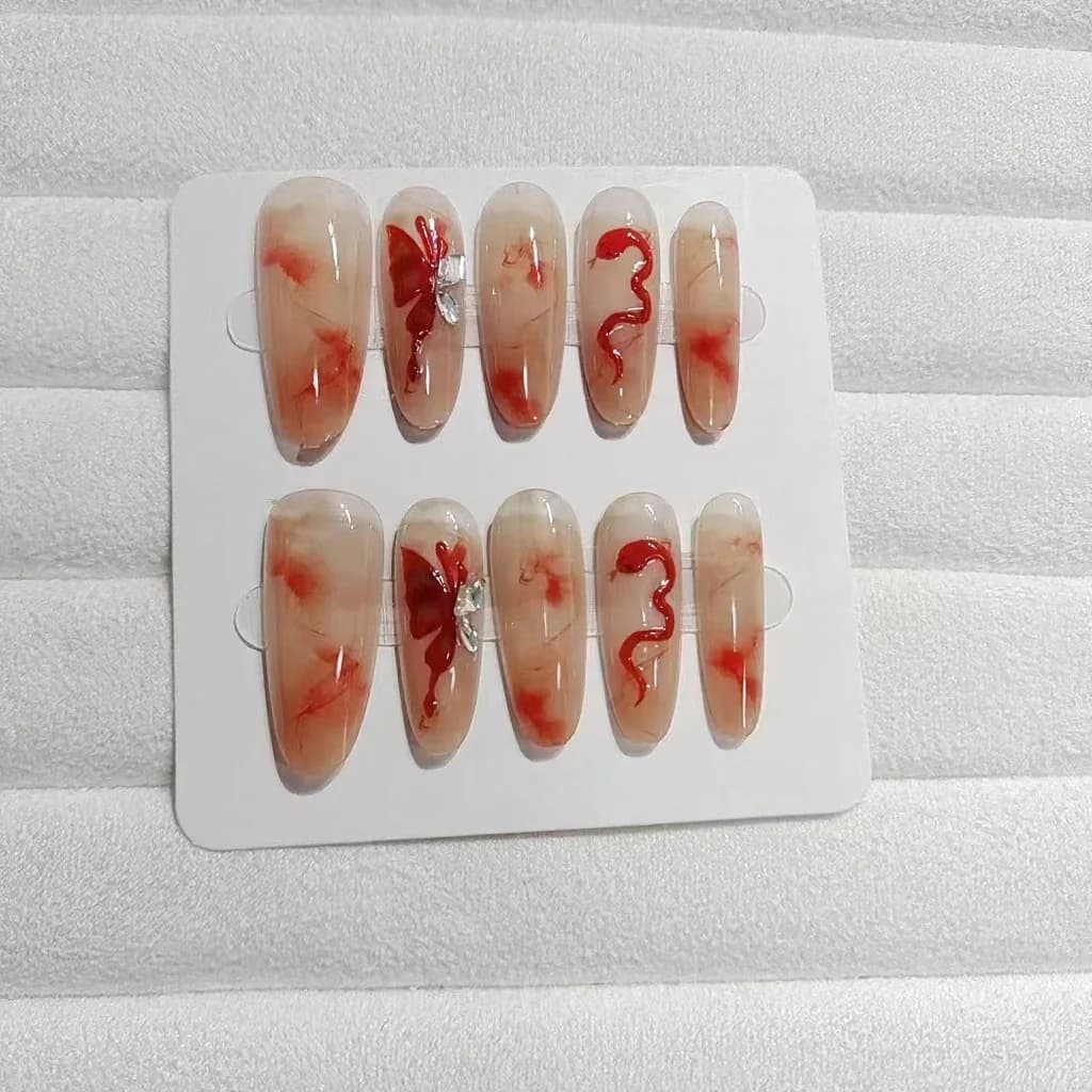 Handgemaakte Press-on Nails Vlinder en Slang Design Lang Amandelvorm