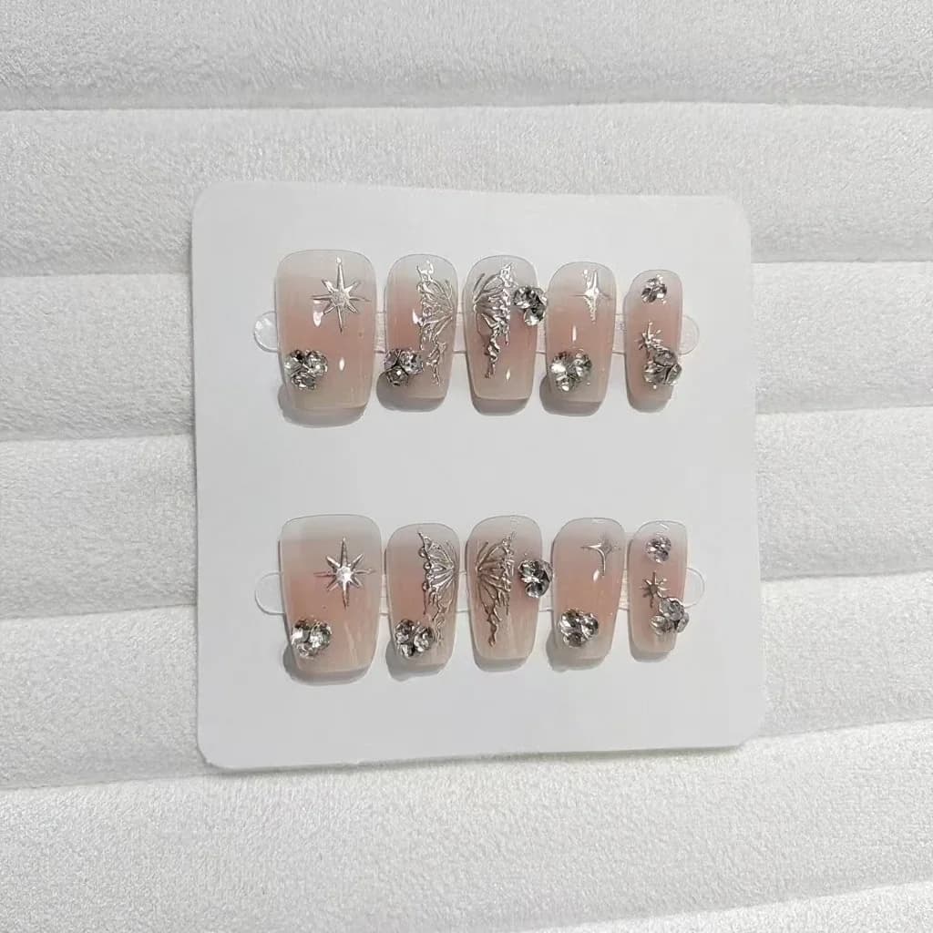 Vlindervleugel Press-on Nails, Kort Coffin Model, Zilver Glitter